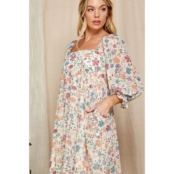 SOLD OUT Boho Spring Multi Color Floral Babydoll Short Sleeve Mini Dress - Picture 3 of 6